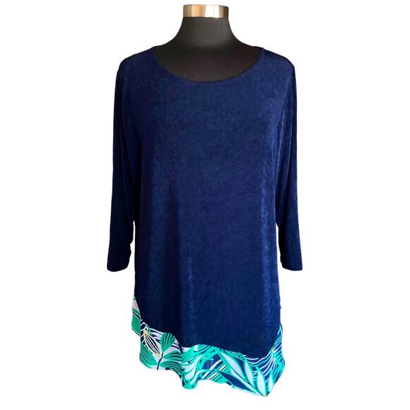 Chico's Travelers Collection Navy Slinky Knit Top Classic Palm Chiffon Trim XL - Picture 2 of 8